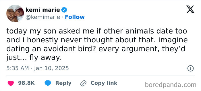 Funny parenting tweet about a child's question on animal relationships and a humorous take on avoidant birds.