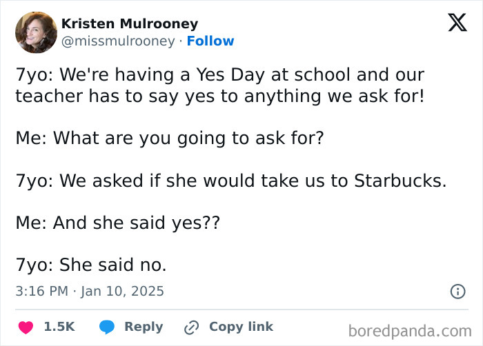 Tweet about funny parenting moment with a child discussing "Yes Day" at school and Starbucks request.