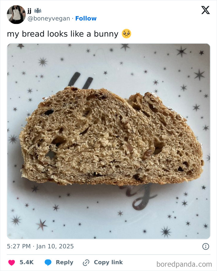 Slice of bread resembling a bunny face, illustrating pareidolia on a starry-patterned plate.