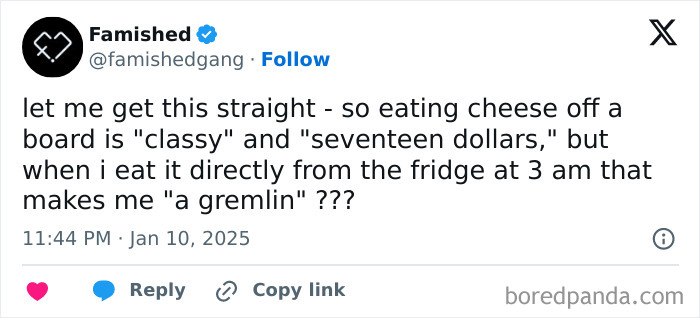 Funny food meme questioning the classiness of eating cheese off a board versus from the fridge at 3 am.