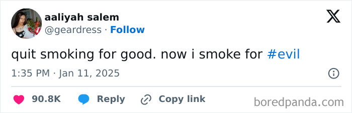 Funny tweet joking about quitting smoking for #evil with high engagement.