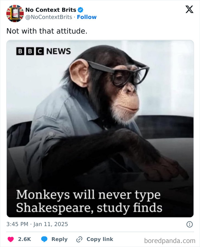 Monkey wearing glasses and a shirt at a desk with text saying, "Monkeys will never type Shakespeare, study finds."