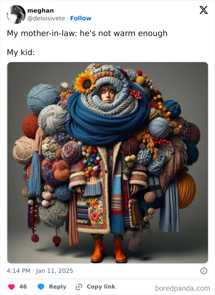 Child humorously bundled in oversized colorful knit clothing, capturing a funny parenting moment.