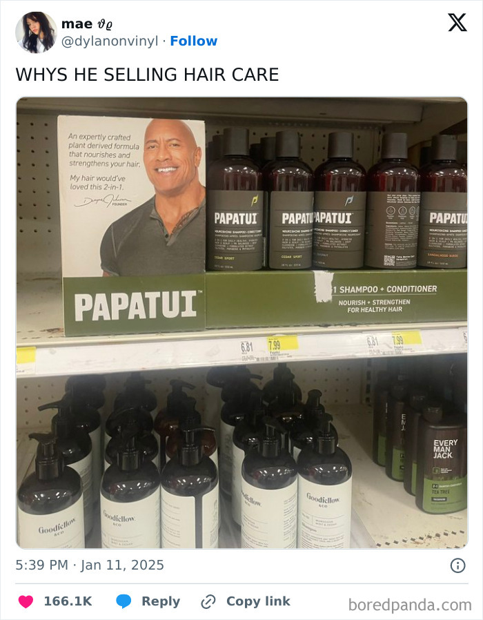Display of humorous hair care products featuring a celebrity endorsement in a store aisle.
