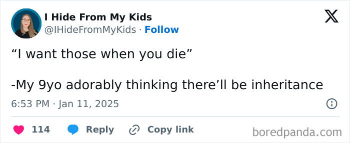 Funny parenting tweet about a child adorably misunderstanding inheritance.