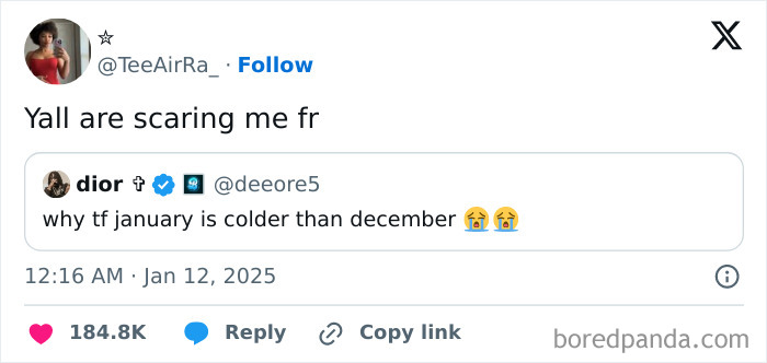 Tweet humorously compares January and December cold, generating laughs to endure January.