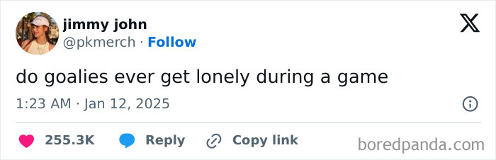 Funny tweet about goalies feeling lonely during games.