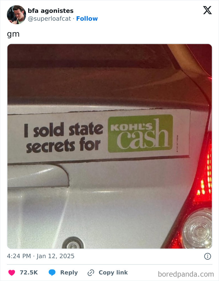 Car bumper sticker joke about selling state secrets for Kohl's cash, highlighting funny tweets.