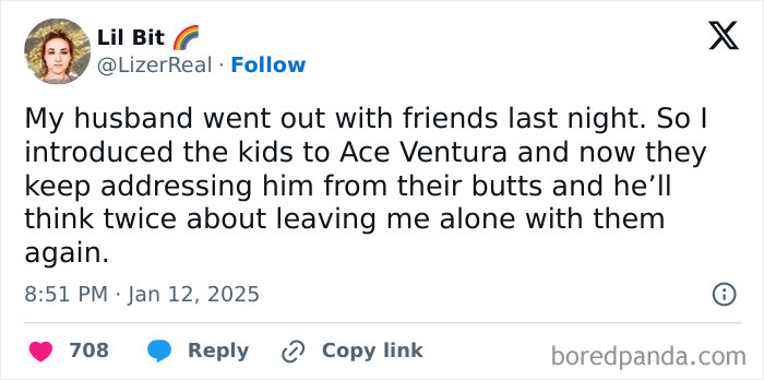 Funny parenting tweet about showing kids Ace Ventura, shared by user LizerReal.