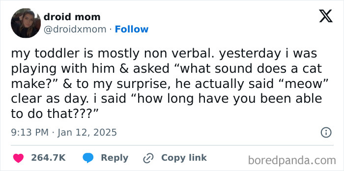 Tweet about parenting humor: A mom surprised by her mostly non-verbal toddler saying “meow” clearly when asked about a cat sound.