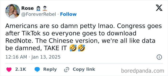 Tweet reacting to TikTok ban in America with emojis and commentary on downloading alternatives like RedNote.