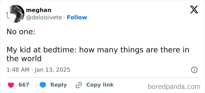 Tweet about parenting humor, kid asking bedtime questions: "How many things are there in the world?"