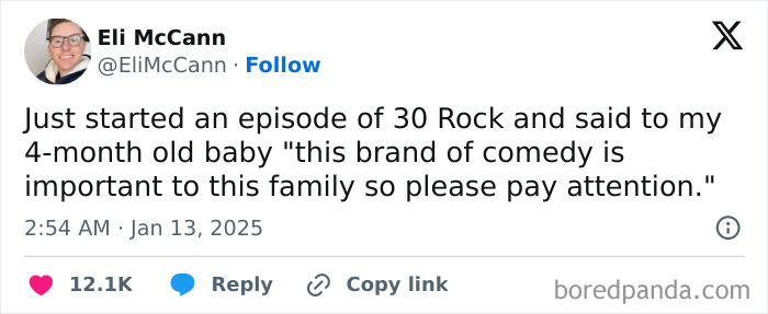Funny tweet about parenting: A parent humorously tells their baby to pay attention to a comedy show.