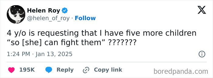 Funny parenting tweet about a child asking for siblings “to fight them,” with engagement stats below.