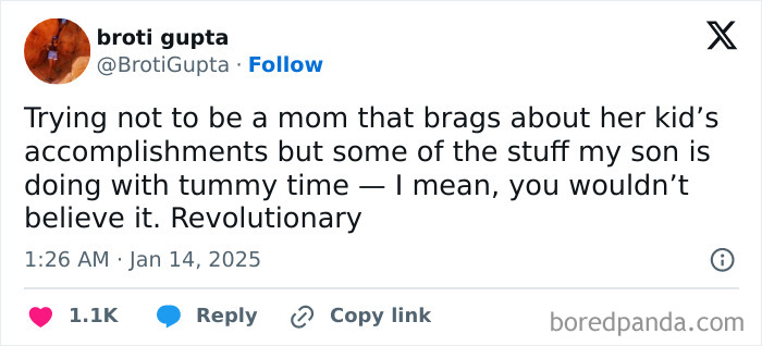 Funny parenting tweet about being amazed by a son's tummy time achievements.