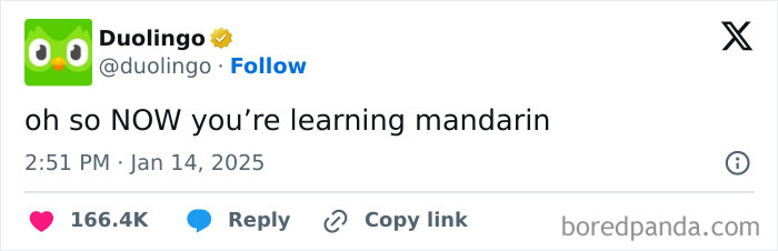 Duolingo tweet reacting to TikTok ban, humorously referencing learning Mandarin.