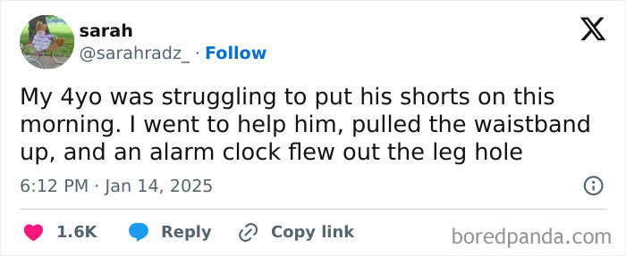 Funny parenting tweet about a 4-year-old struggling with shorts, revealing an alarm clock inside.