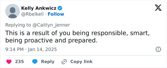 Tweet reply discussing responsibility and preparedness related to LA wildfires tragedy. Tweet reply discussing responsibility and preparedness related to LA wildfires tragedy.