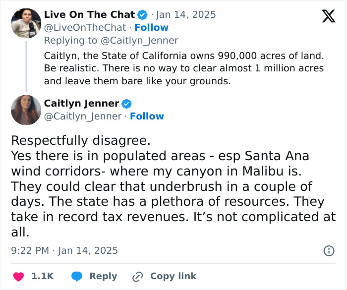 Caitlyn Jenner discusses LA wildfires, highlighting underbrush clearing and resources needed in tweet exchange. Caitlyn Jenner discusses LA wildfires, highlighting underbrush clearing and resources needed in tweet exchange.