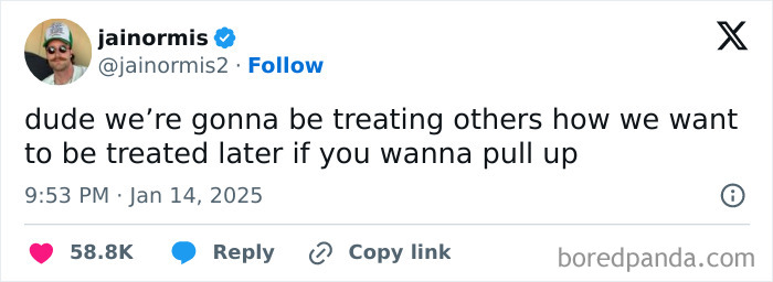 Funny tweet about treating others kindly, with a playful invitation for friends to join later.