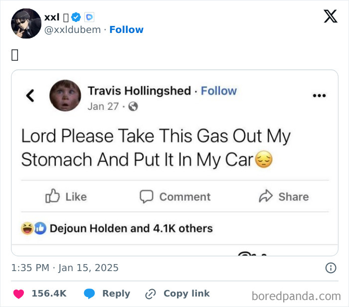 Funny tweet about gas wishing it was in the car instead of the stomach, liked by over 4K people.