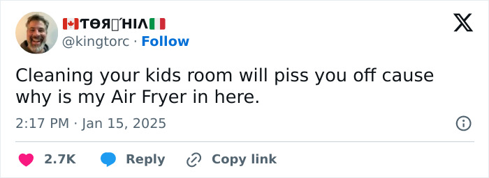 A funny parenting tweet about finding an air fryer in a kid's room, highlighting humorous aspects of parenting.
