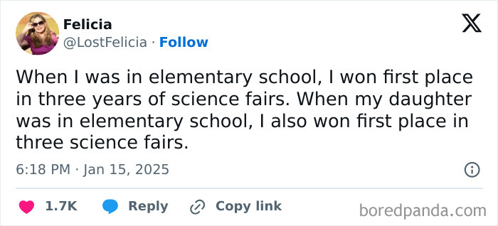 Funny parenting tweet about winning science fairs shared by user Felicia.