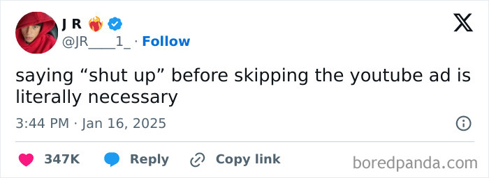 Funny tweet about skipping YouTube ads shared by user in a red hoodie, illustrating humor to survive a long January.