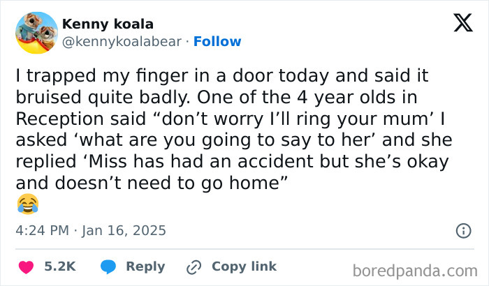 A funny tweet about parenting, recounting a child's humorous response to a teacher's accident.