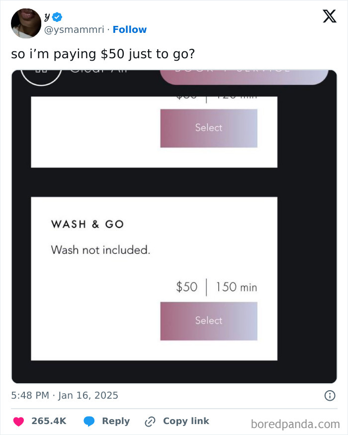 Funny tweet about a $50 service labeled "Wash & Go" where washing is not included.