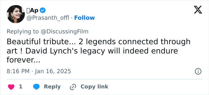 Tweet tribute mentioning David Lynch's legacy, expressing admiration and connection through art. Tweet tribute mentioning David Lynch's legacy, expressing admiration and connection through art.