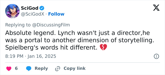 Tweet tribute praising David Lynch, calling him a legend in storytelling with Spielberg mentioned. Tweet tribute praising David Lynch, calling him a legend in storytelling with Spielberg mentioned.