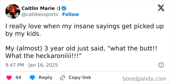 Tweet from a parent sharing a toddler's hilarious and heartwarming saying: "What the b**t!! What the heckaroniiii!!!"