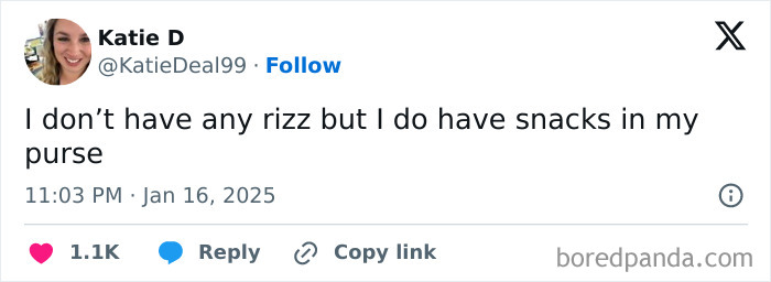 Funny parenting tweet about lacking charm but having snacks in a purse.