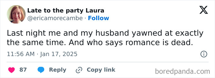 Funny parenting tweet about a couple yawning simultaneously, humorously questioning if romance is dead.