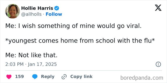A funny tweet about parenting humor, with a viral joke involving flu from school.
