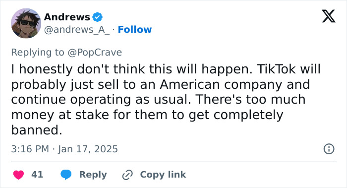 Tweet discussing TikTok ban and prospects of sale to an American company to avoid being banned.