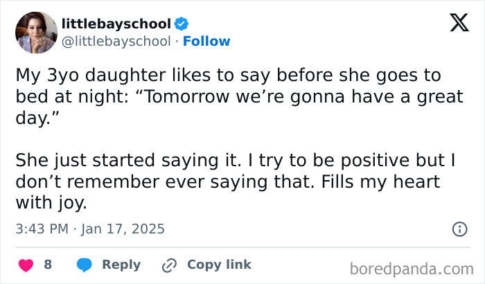 Tweet from a parent sharing a toddler's heartwarming bedtime phrase about having a great day tomorrow.