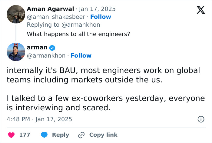 Tweet discussing TikTok’s secrets and impact on engineers, mentioning job fears and global team dynamics.