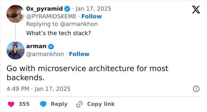 Tweet exchange suggesting microservice architecture, possibly revealing TikTok's secrets.