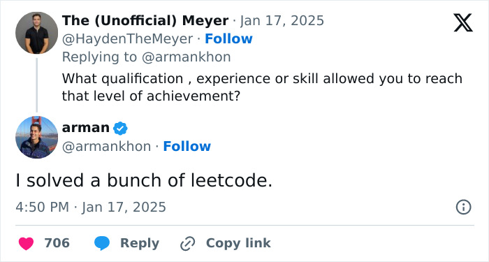 A Twitter conversation about qualifications and skills with reference to solving leetcode, related to TikTok secrets.