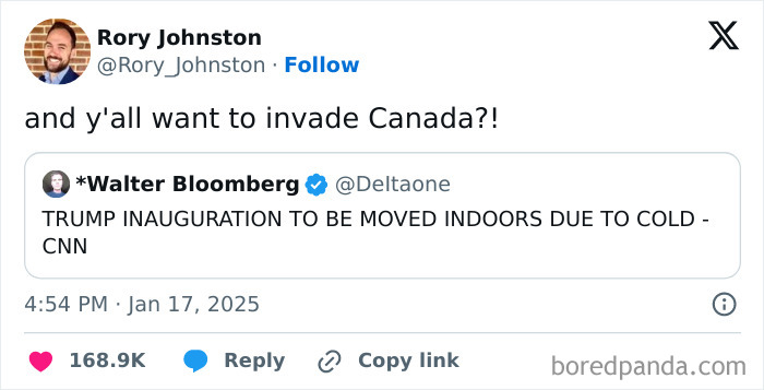 Tweet humorously reacting to cold weather affecting a Trump event, adding January humor.