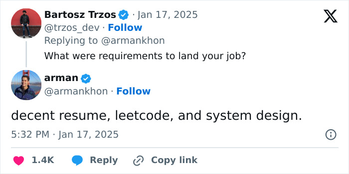 Tweet exchange discussing job requirements for a former TikTok employee.