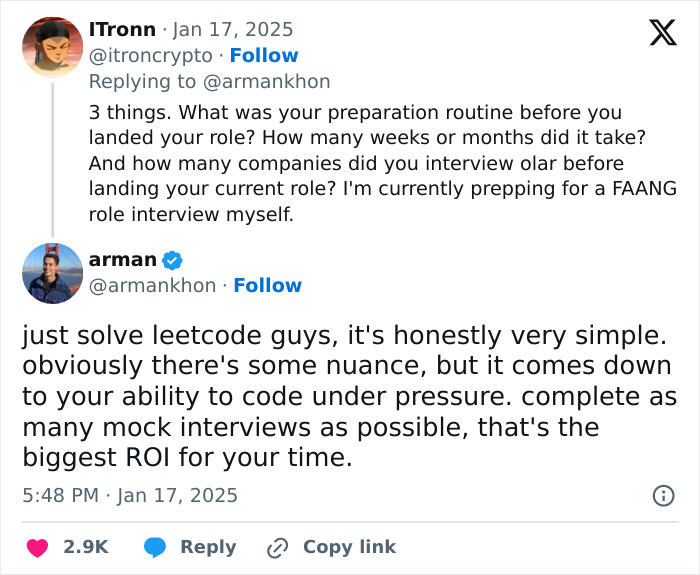 Social media exchange discussing interview preparation advice, linked to TikTok secrets.