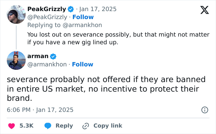 Two tweets discussing severance amidst TikTok's issues and possible market ban.