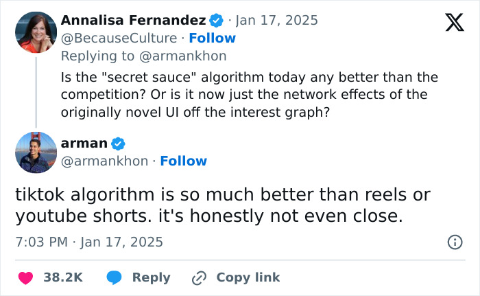 Tweet exchange discussing TikTok's algorithm compared to Reels and YouTube Shorts.