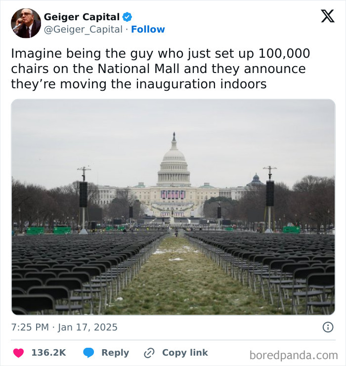 Empty chairs set up for the inauguration on the National Mall with the Capitol building in the background.