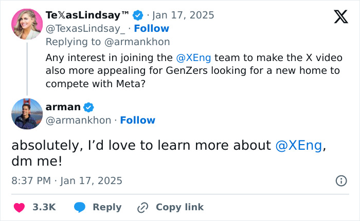 TeXasLindsay and arman discussing joining XEng team on social media.