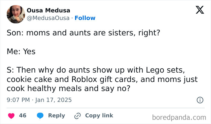 Tweet about parenting humor: Son questions differences between moms and aunts, highlighting gifts versus healthy meals.