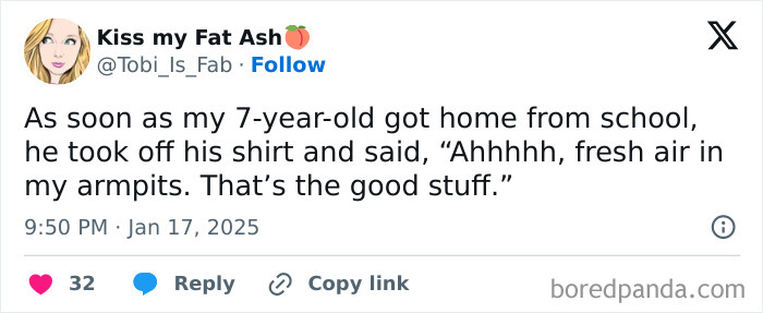 Screenshot of a humorous parenting tweet about a 7-year-old enjoying fresh air.